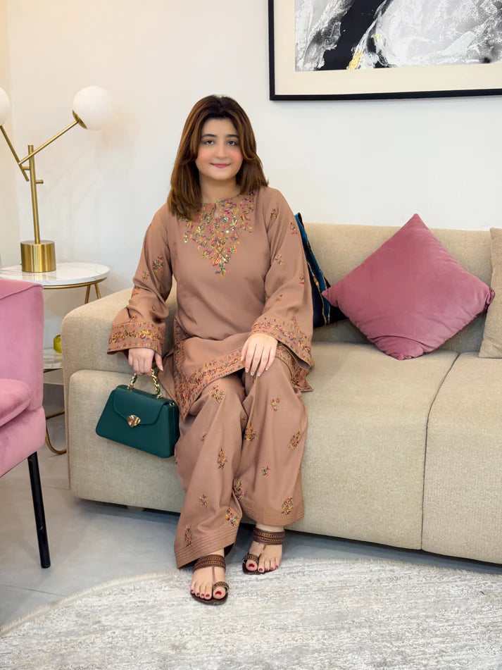 Mocha Meadow Dhanak Embroidered 2-Piece Suit